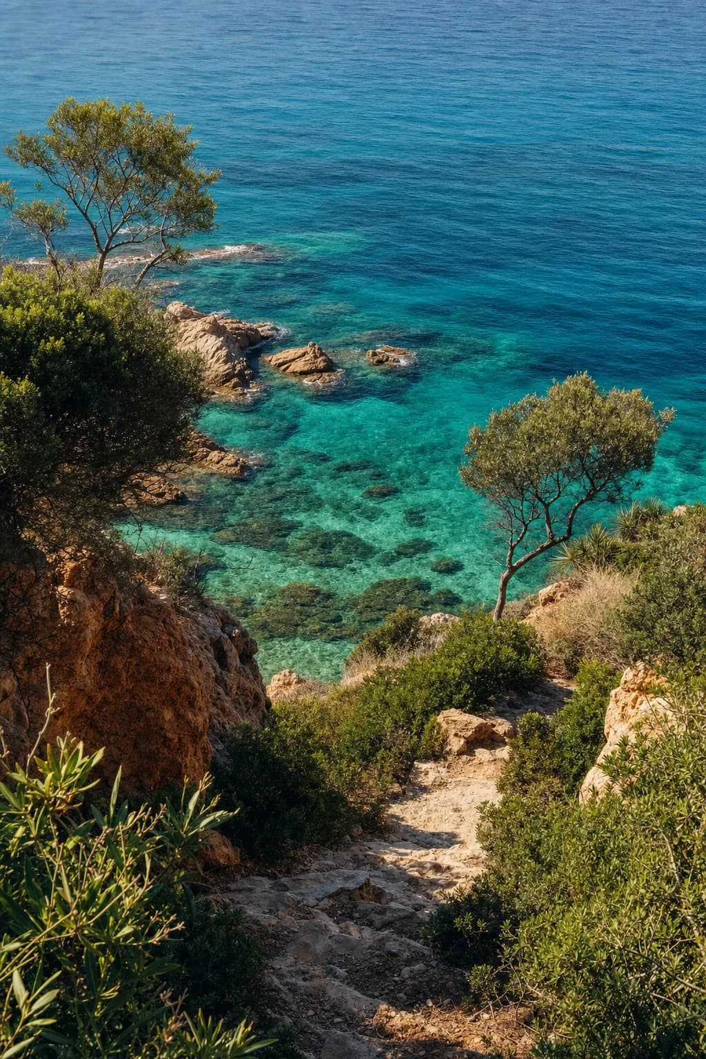 A rocky coastal path leading down to clear blue water