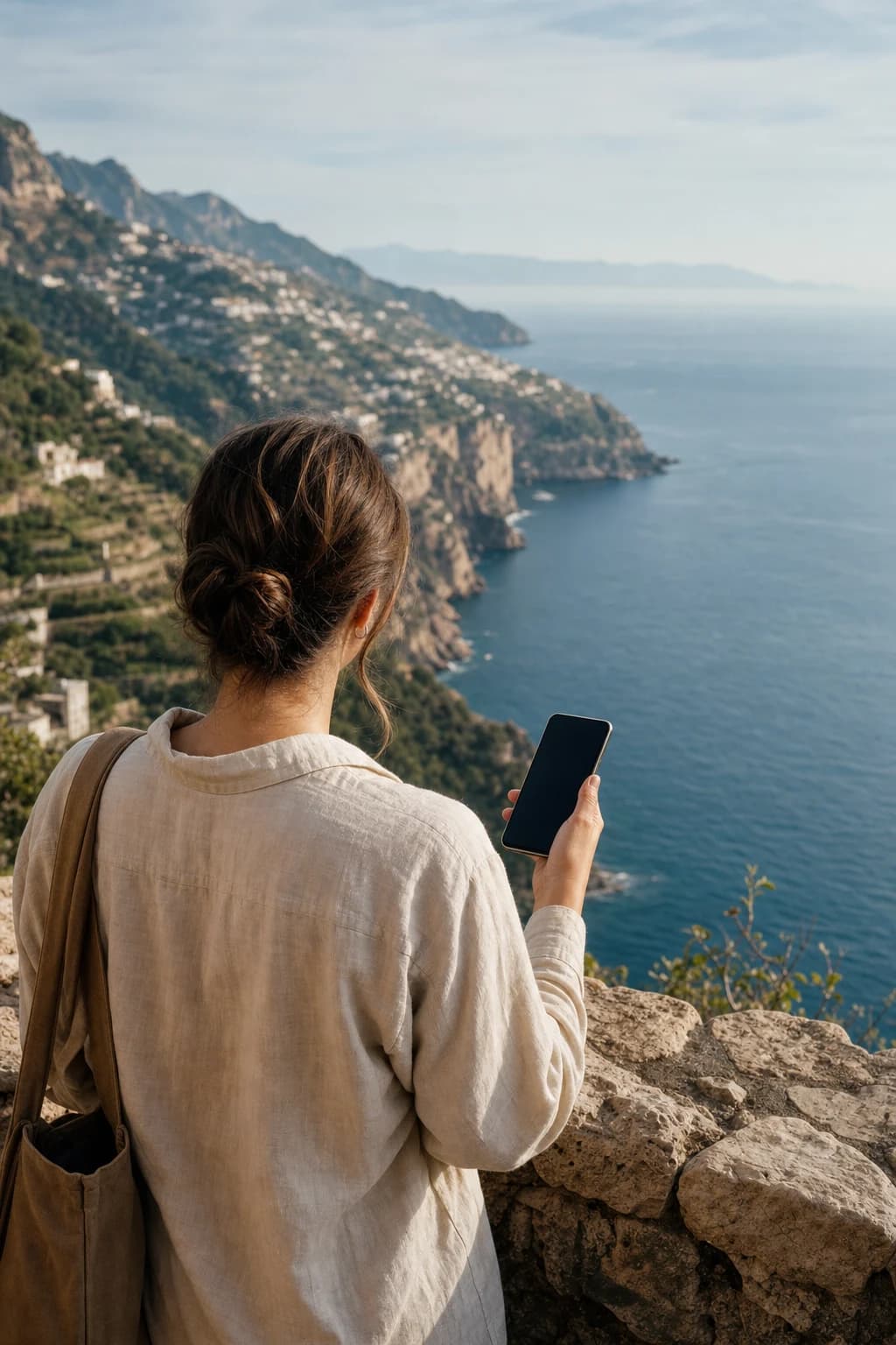 A traveler holding a phone at a coastal lookout